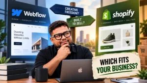 Small business owner evaluating Webflow and Shopify platform options