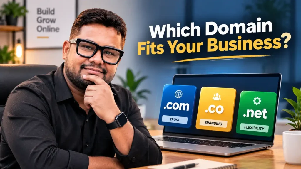 Small business owner evaluating domain extensions for a website