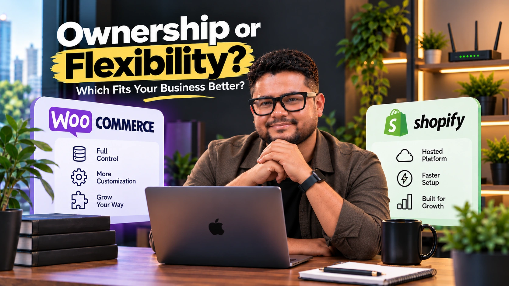 Business owner evaluating Shopify and WooCommerce based on control and flexibility