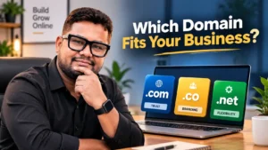 Small business owner evaluating domain extensions for a website