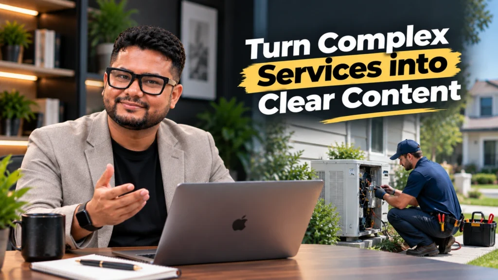 Home service professional explaining a technical service while a customer views educational content