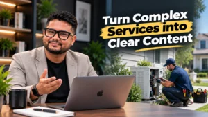 Home service professional explaining a technical service while a customer views educational content