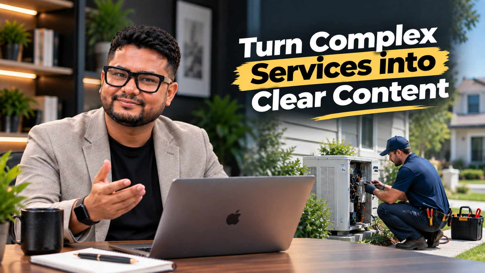 Home service professional explaining a technical service while a customer views educational content