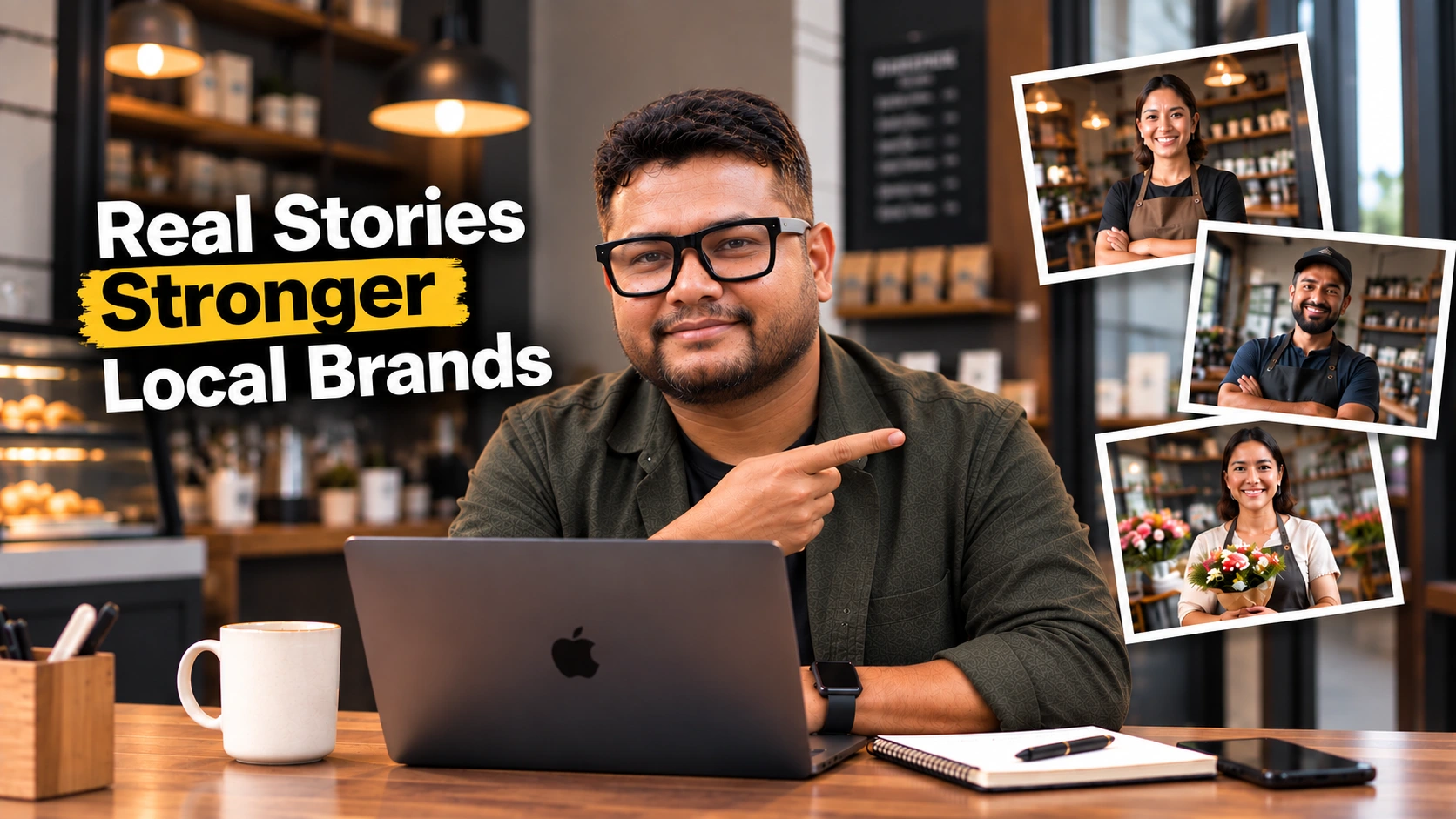 Small business owner reviewing customer story content on a website