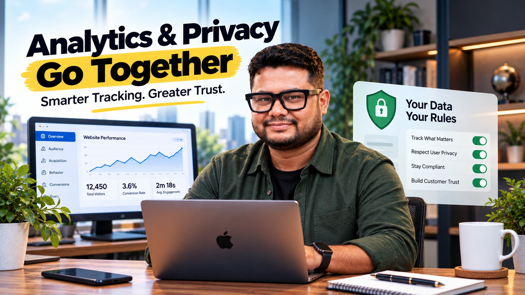 Small business team reviewing website analytics and privacy strategy