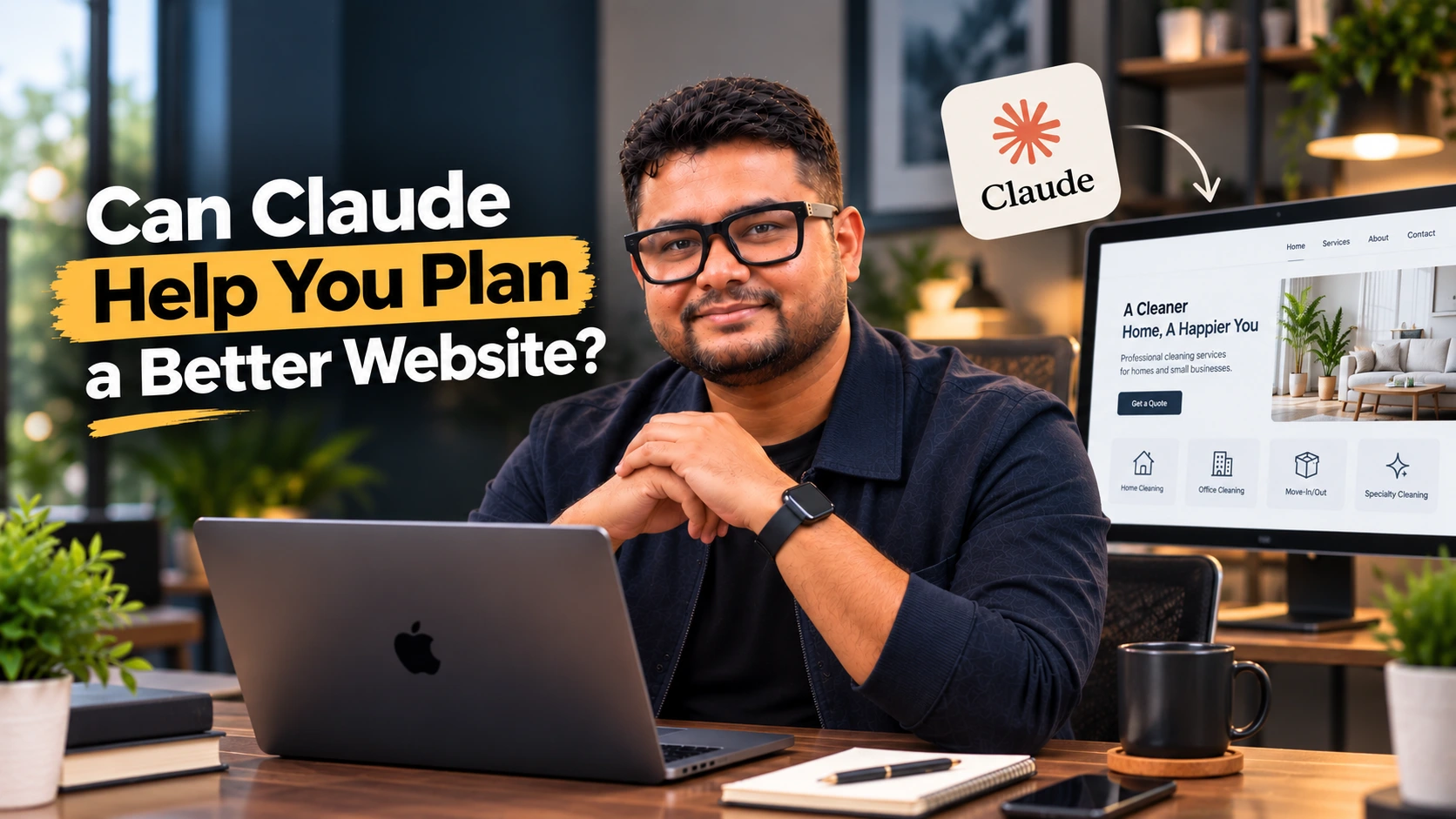 Business owner planning a service business website with Claude using customer questions and website structure