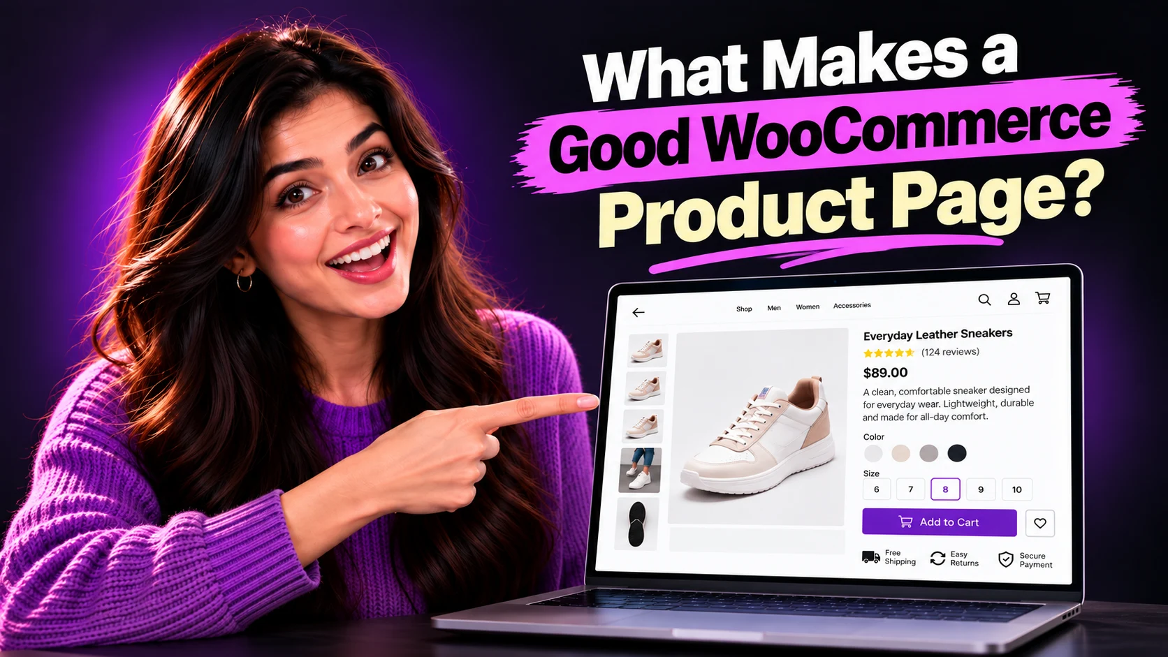 Modern ecommerce product page showing product details, variations, reviews, price, and add to cart action