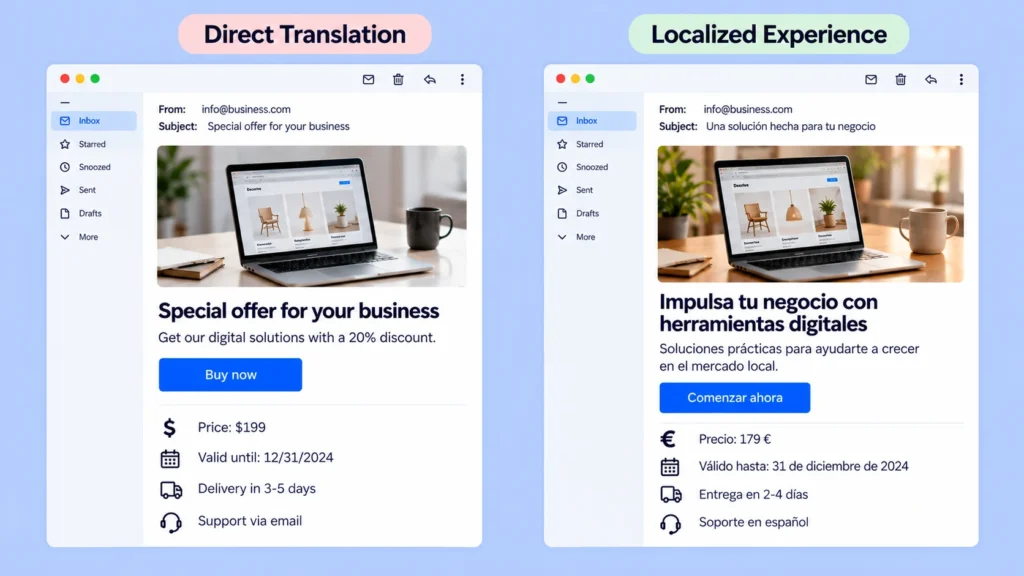 Comparison of direct email translation and localized email experience