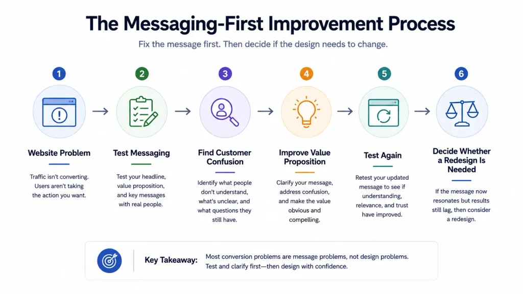 Process showing how to test website messaging before starting a redesign